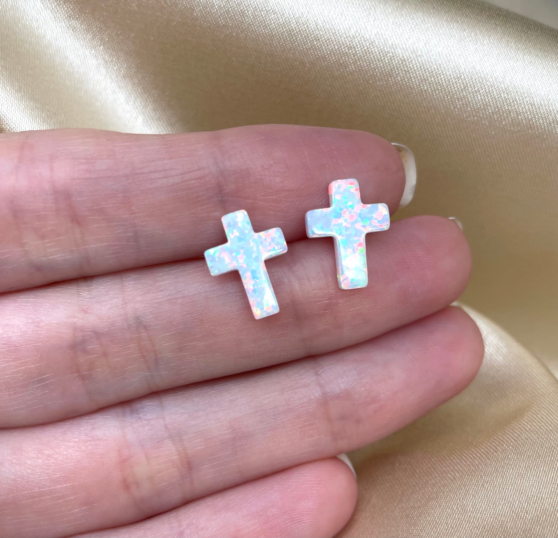 Christian cross opal earrings