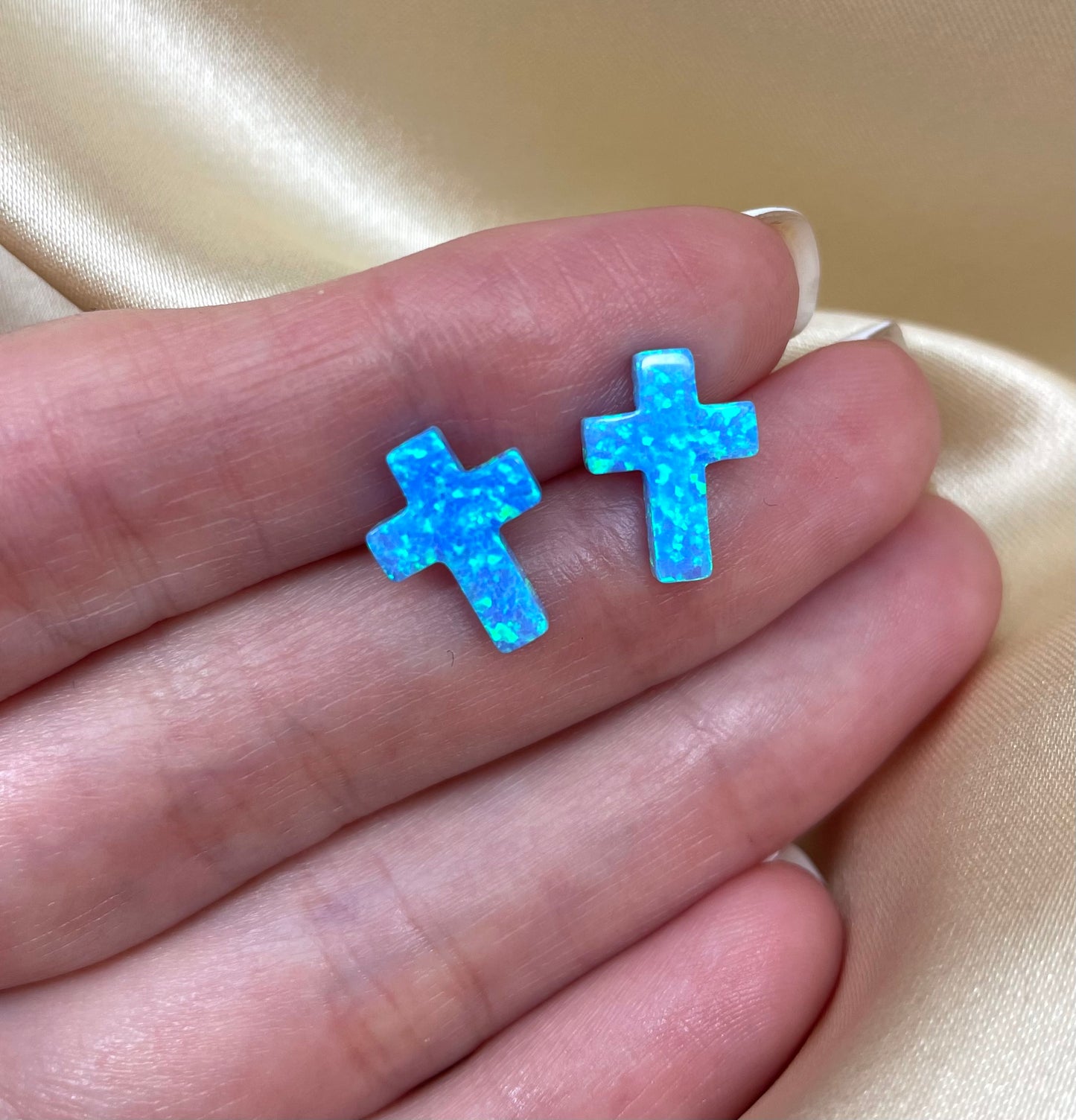 Christian cross opal earrings