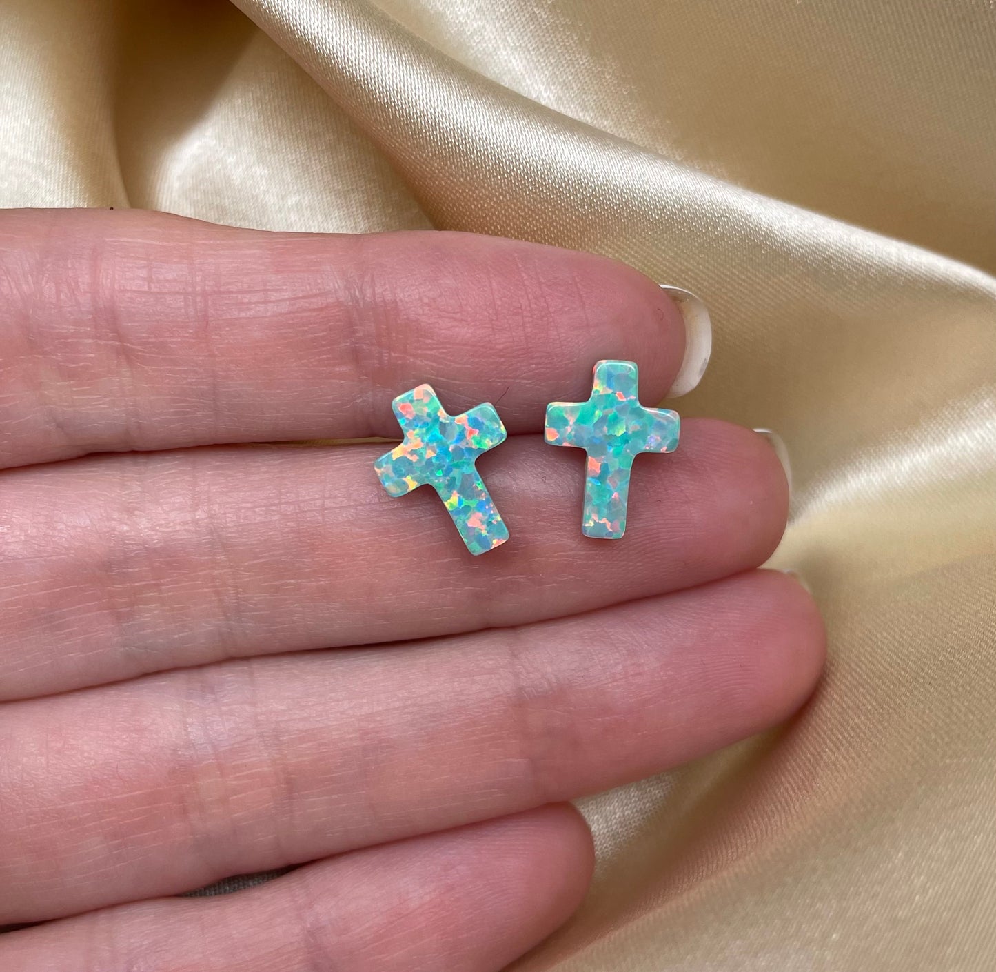 Christian cross opal earrings