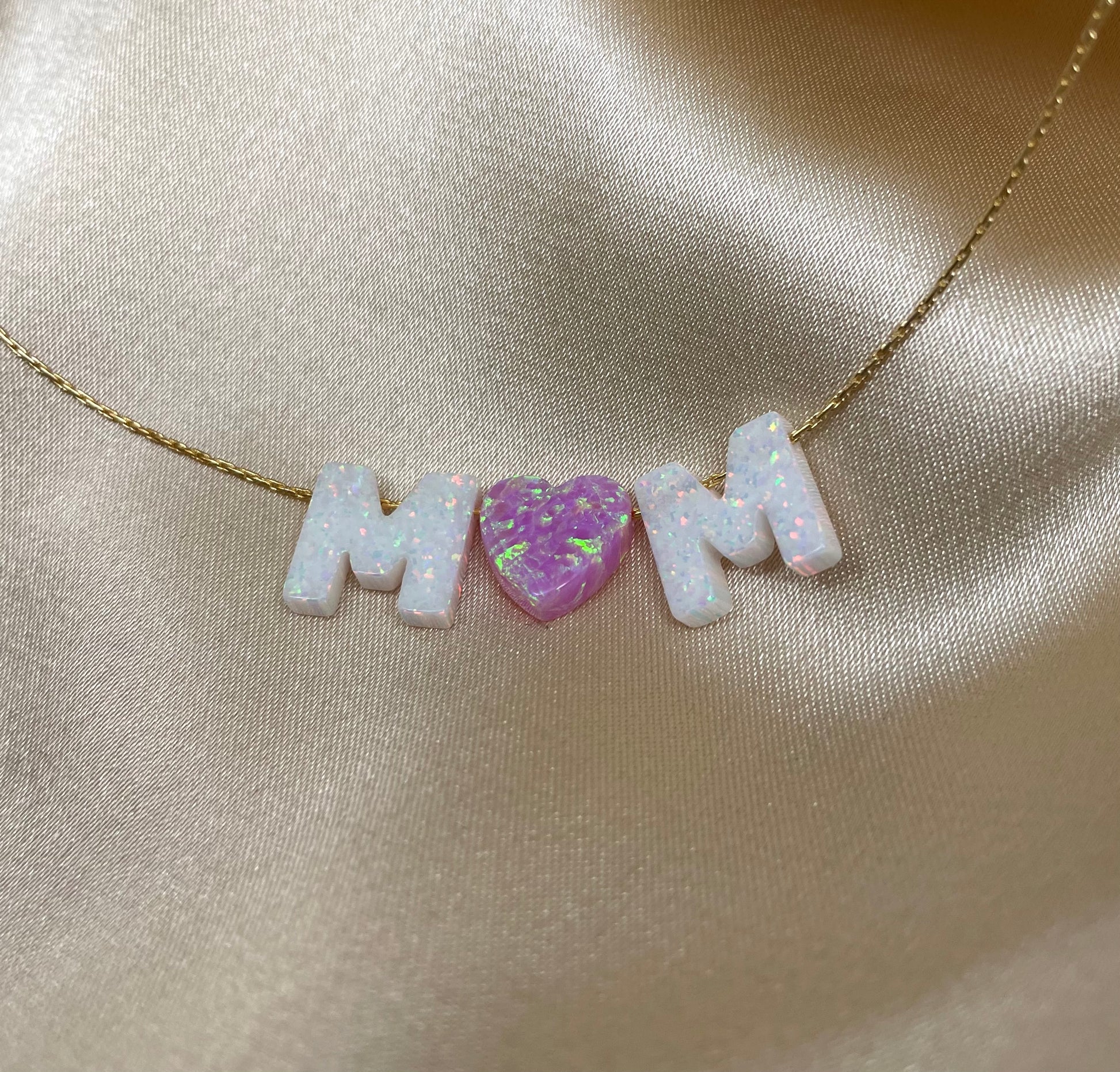 Mom letters necklace with pink opal heart