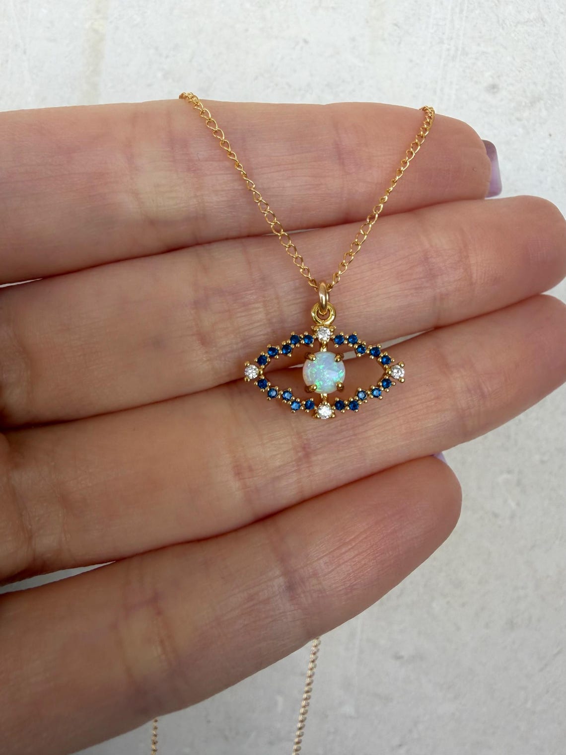 Opal Evil Eye Necklace Gold Filled CZ Pendant