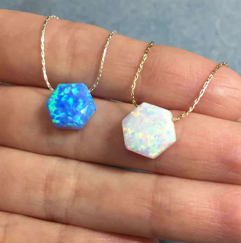 Blue Opal Hexagon Necklace – Minimalist Geometric Jewelry - OpaLandJewelry