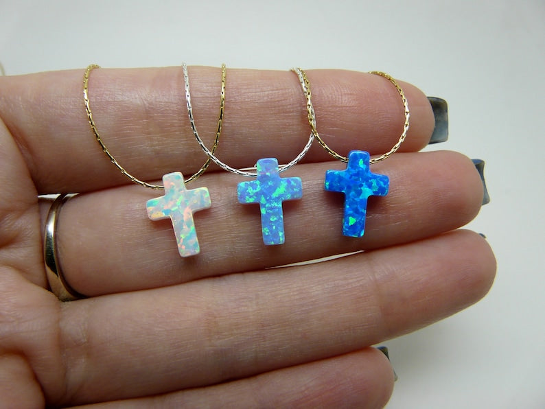 Opal Cross Necklace – Dainty Gold or Silver Faith Jewelry - OpaLandJewelry
