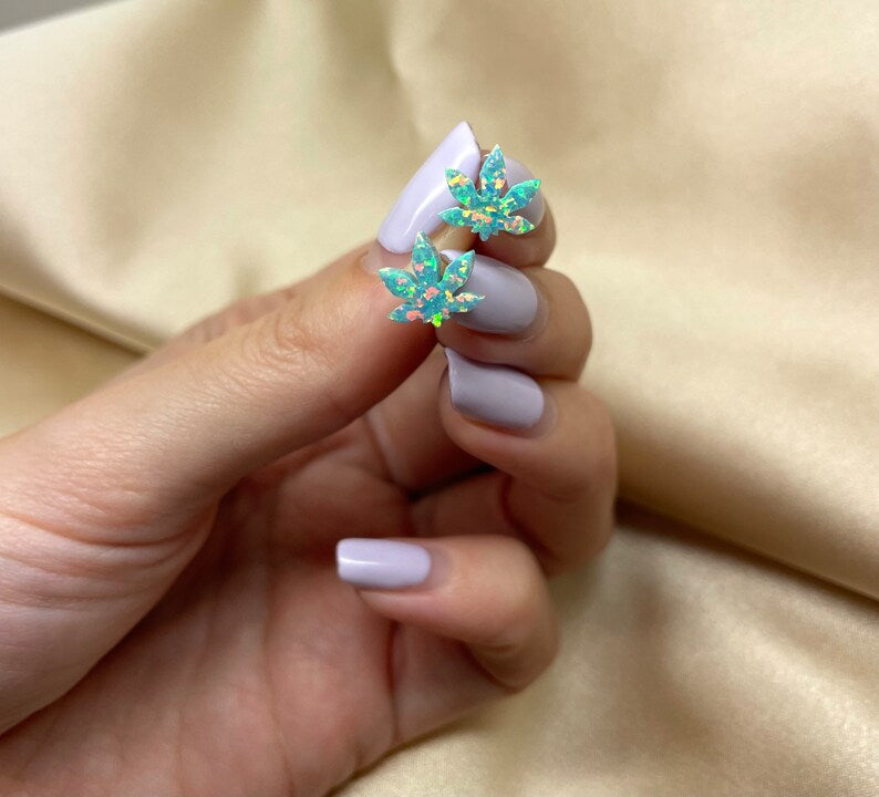 Marijuana Leaf Earrings - Green Opal