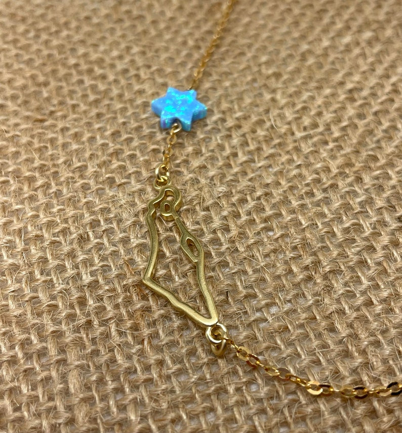 israel map pendant and an opal blue star of david, on a gold necklace