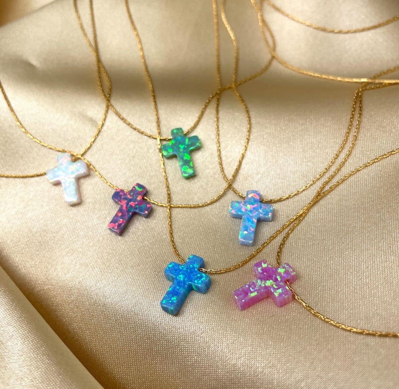 Opal Cross Necklace – Dainty Gold or Silver Faith Jewelry - OpaLandJewelry