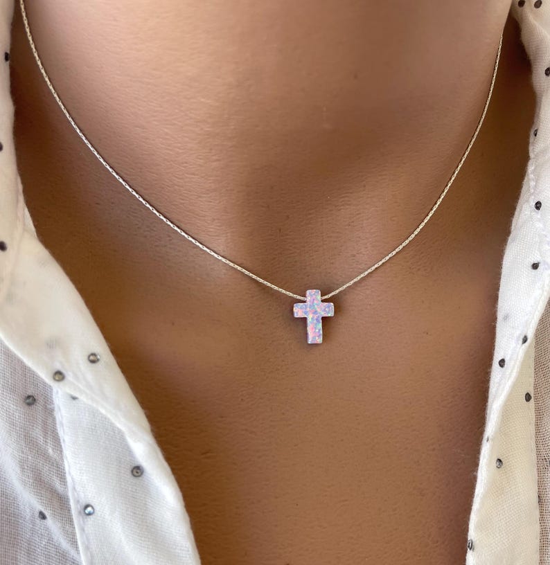 Opal Cross Necklace – Dainty Gold or Silver Faith Jewelry - OpaLandJewelry