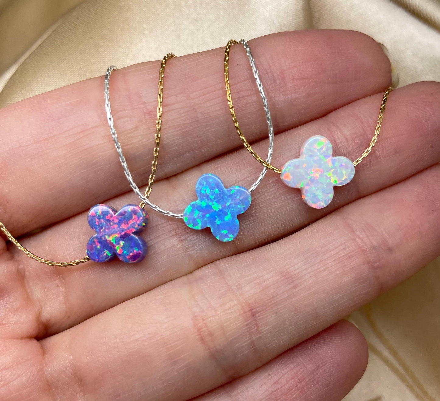 Opal Clover Necklace – 14k Gold-Filled or Sterling Silver – Lucky Charm Jewelry in 6 Colors – Dainty Four-Leaf Clover Pendant Gift for Women
