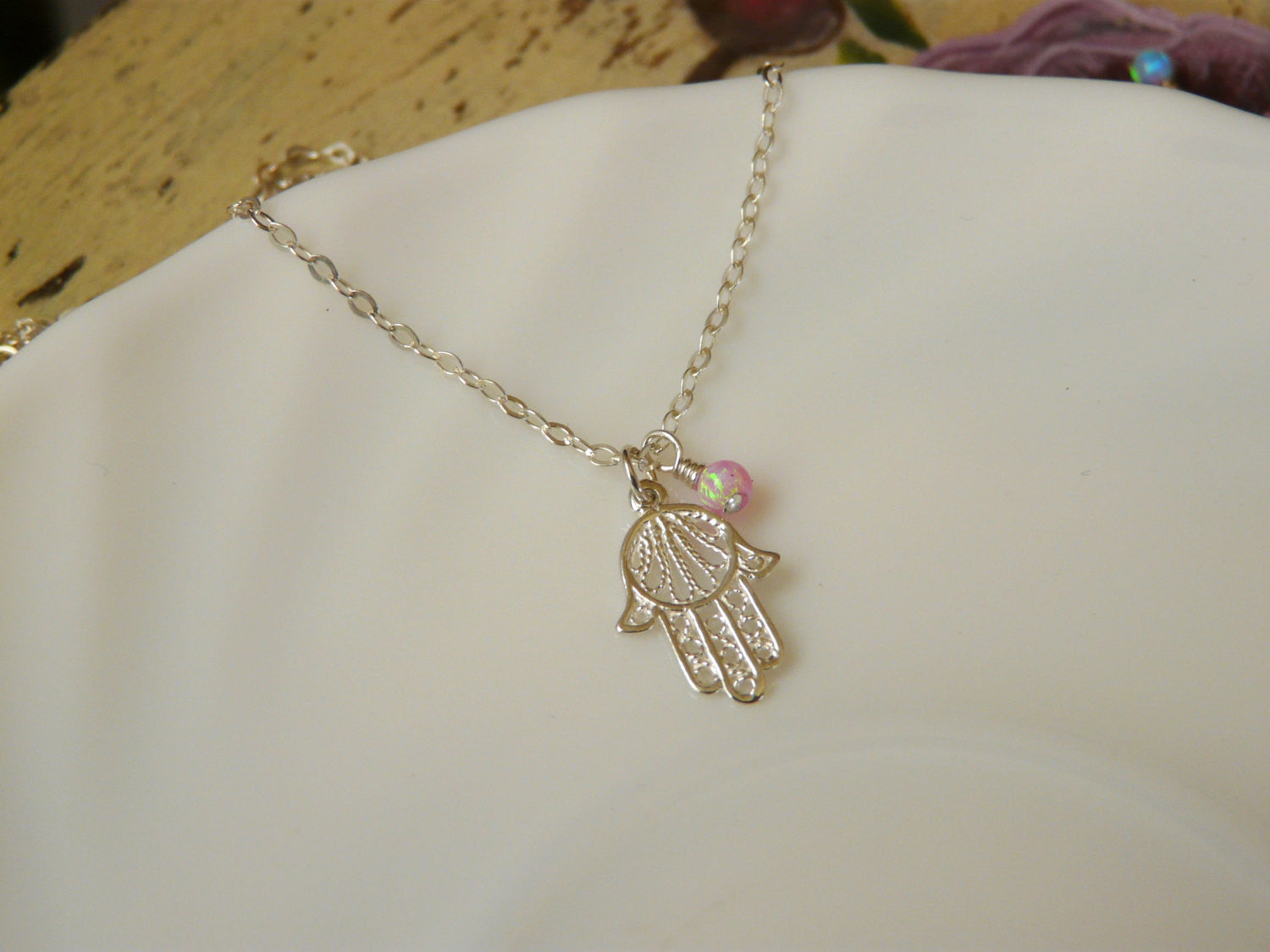 Sterling silver Hamsa necklace with Opal - OpaLandJewelry