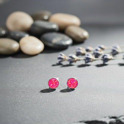 Pink opal stud earrings on a gray surface with stones and lavender in the background