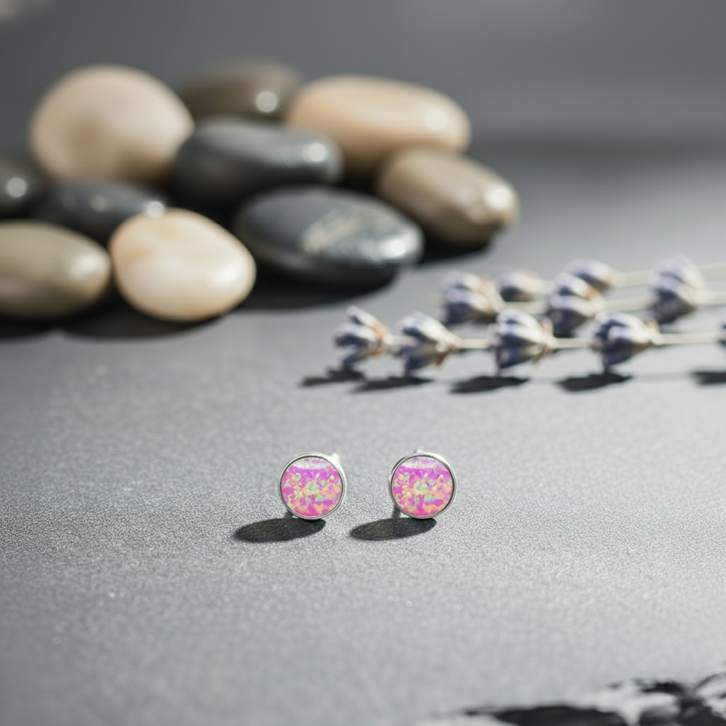 Pink opal stud earrings on a gray surface with stones and lavender in the background