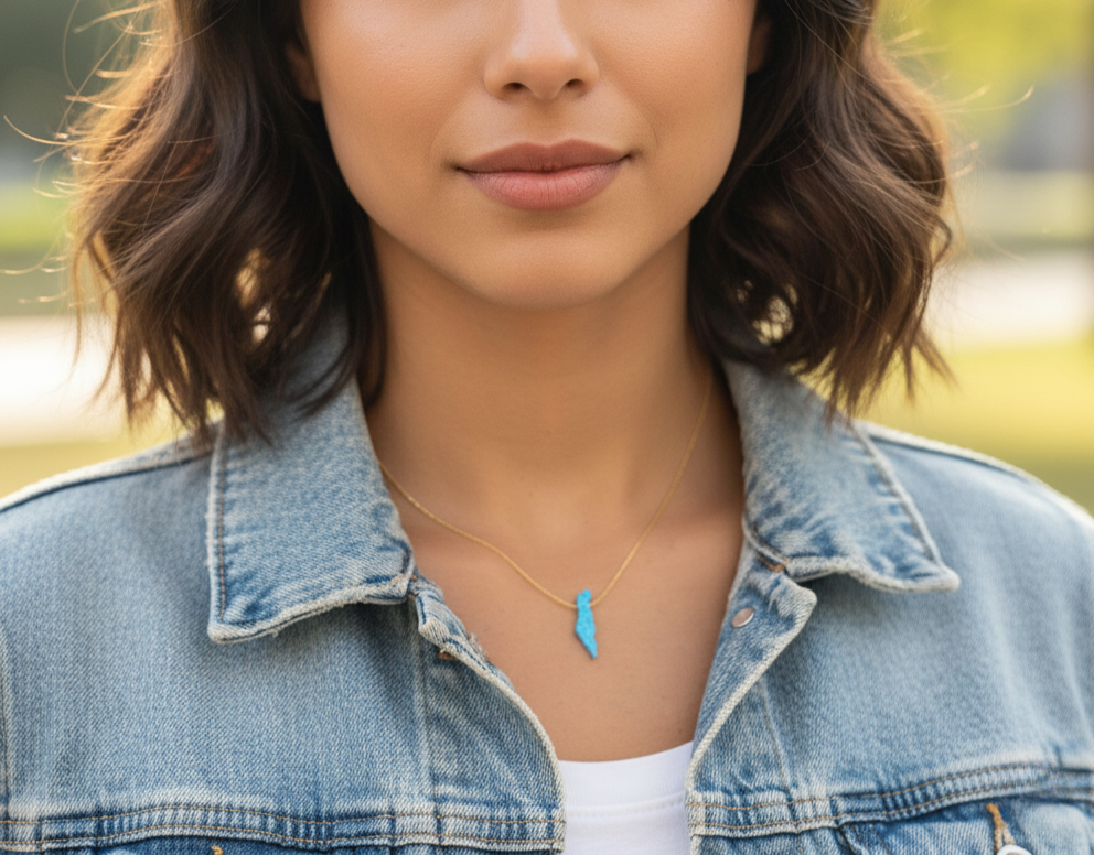 Close-up of a person wearing a blue pendant necklace with a blurred natural background