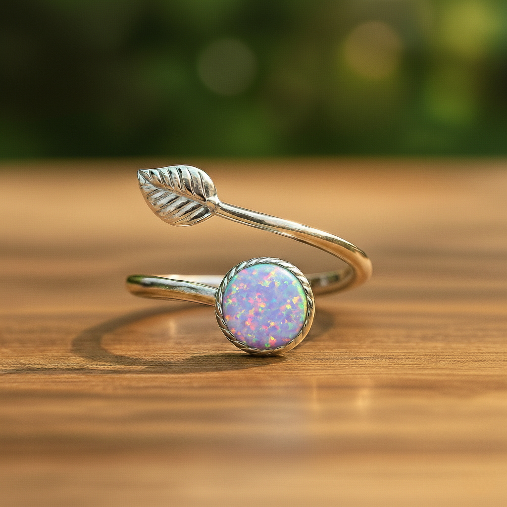 Sterling Silver Opal Leaf Ring – Adjustable Elegance