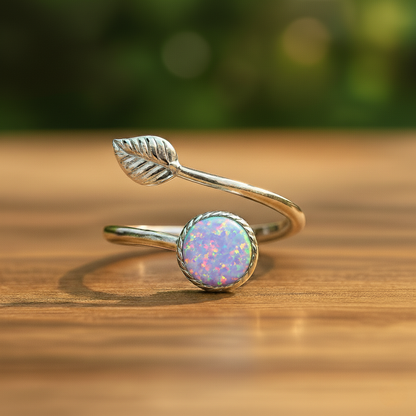 Sterling Silver Opal Leaf Ring – Adjustable Elegance