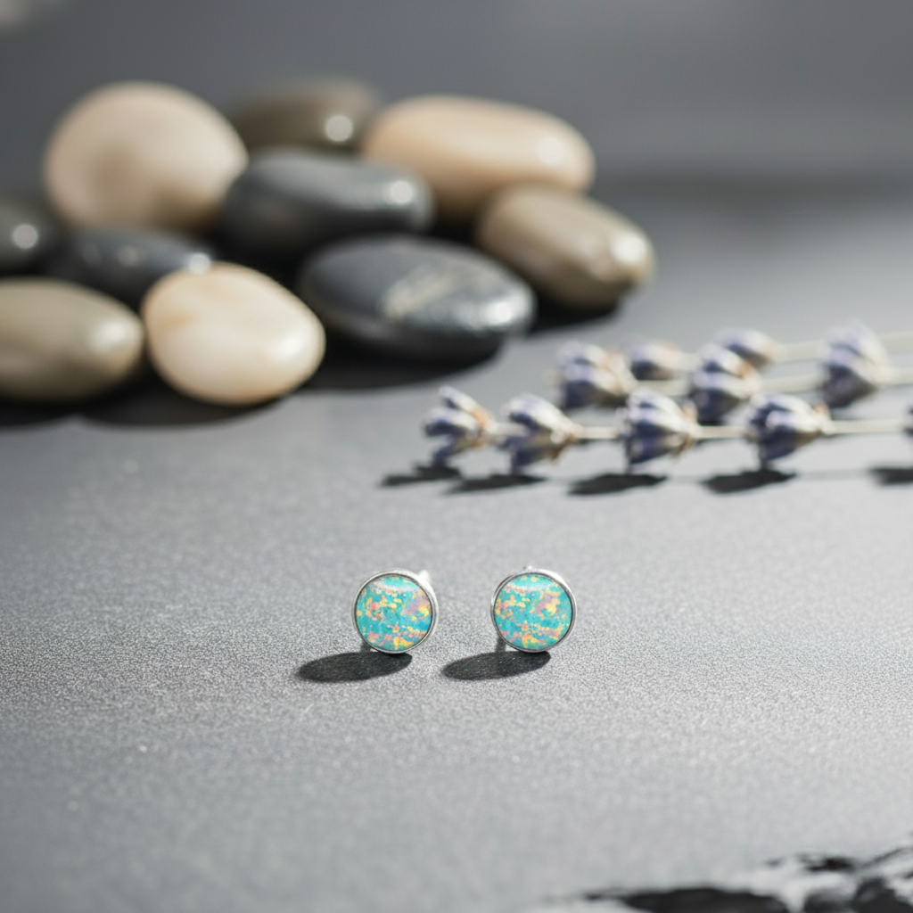 Opal stud earrings on a gray surface with stones and lavender in the background