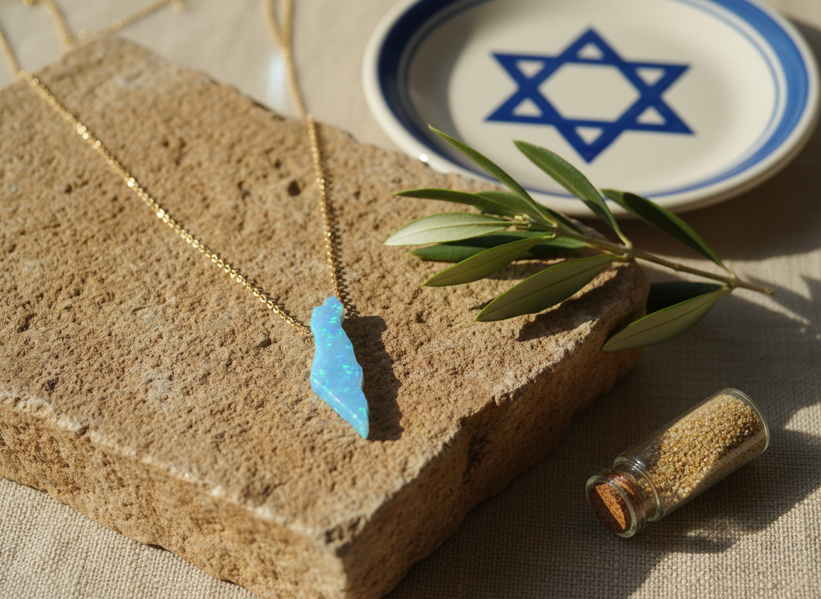 Necklace with a blue pendant on a stone surface next to an olive branch and a small bottle.