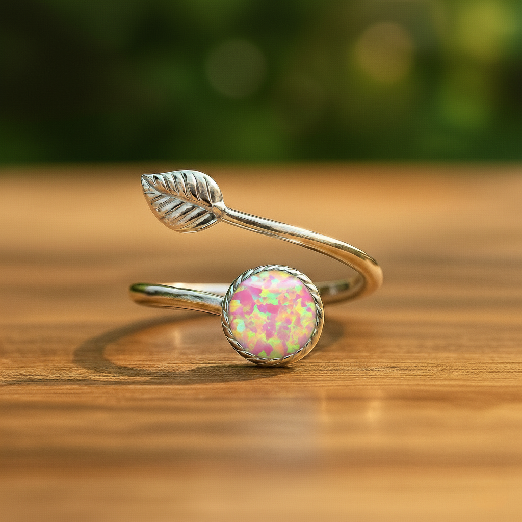 Sterling Silver Opal Leaf Ring – Adjustable Elegance