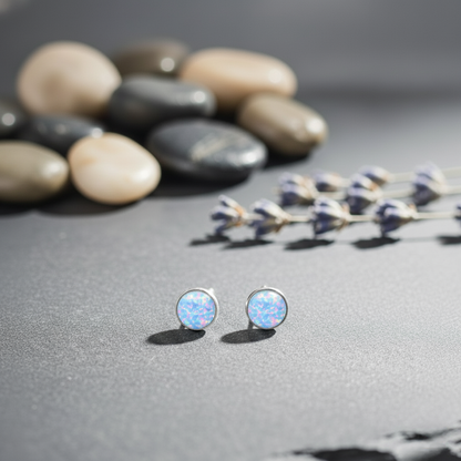 Opal stud earrings on a gray surface with stones and lavender in the background