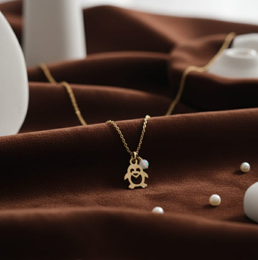 Penguin Necklace with Tiny Opal Charm