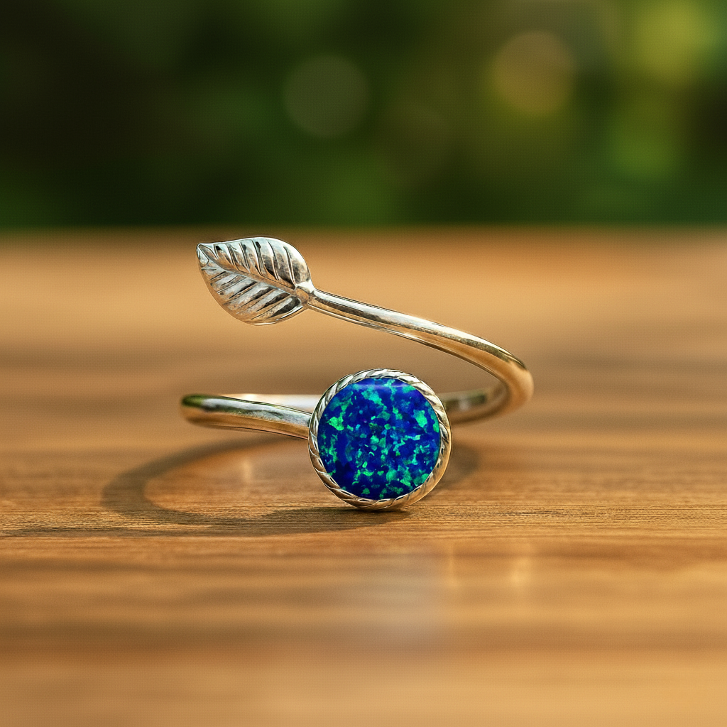 Sterling Silver Opal Leaf Ring – Adjustable Elegance