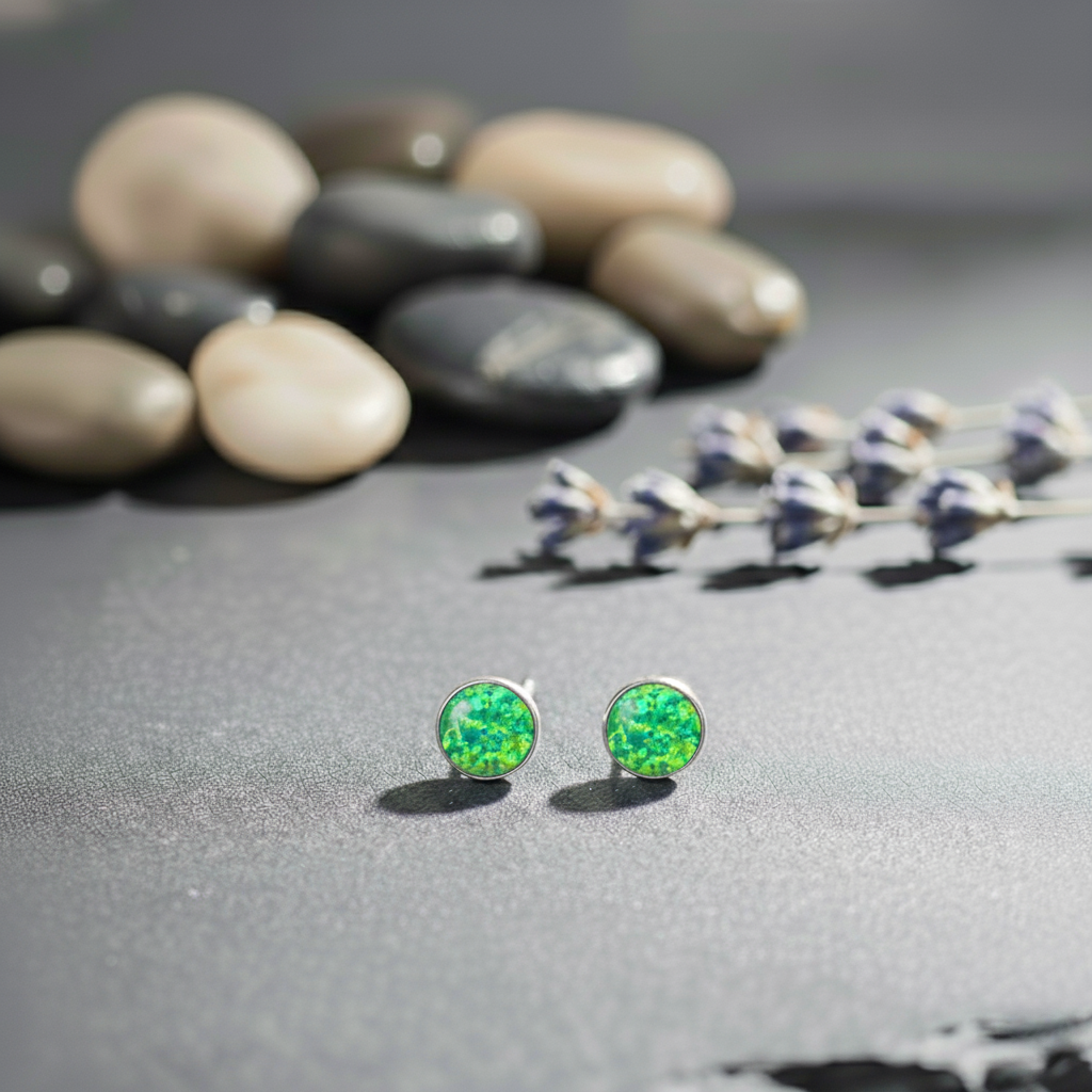 Green opal stud earrings on a gray surface with pebbles and dried flowers in the background