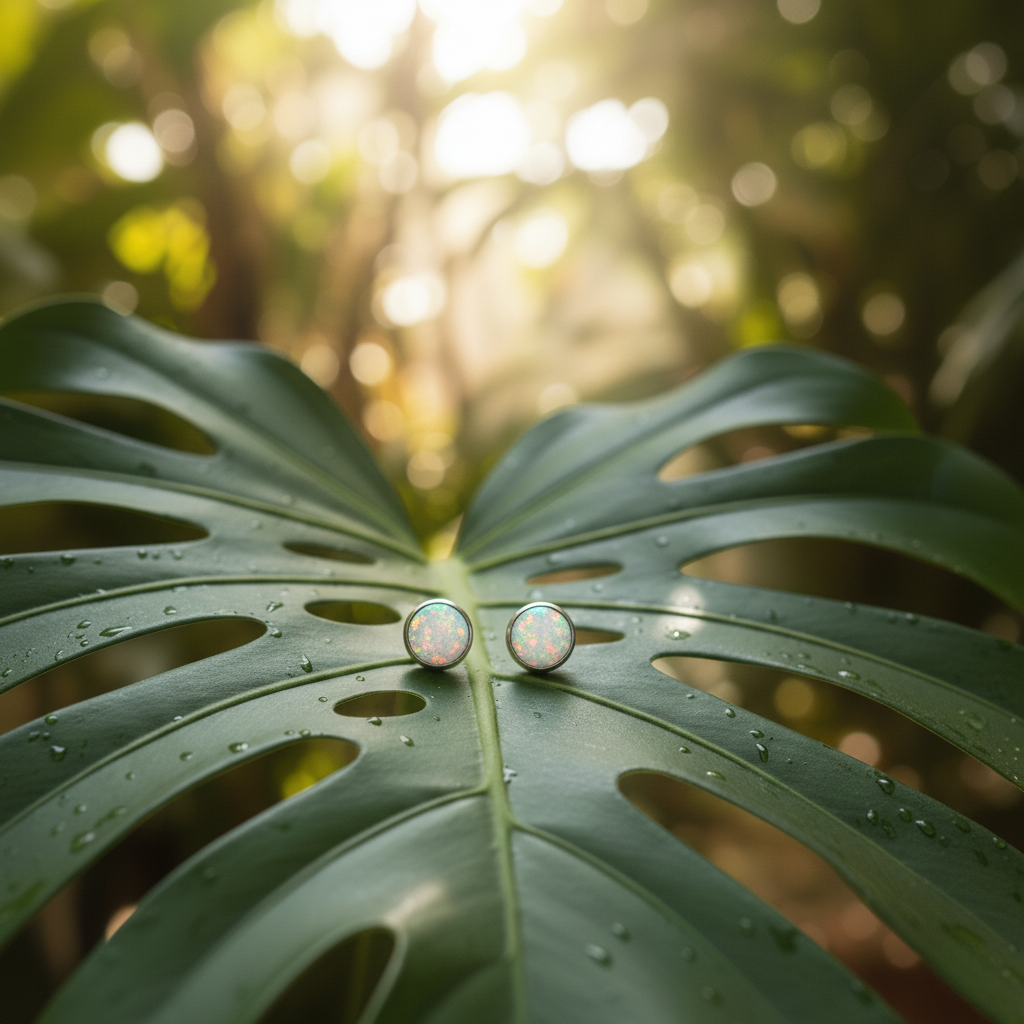 Pair of earrings on a large green leaf with water droplets, sunlit background