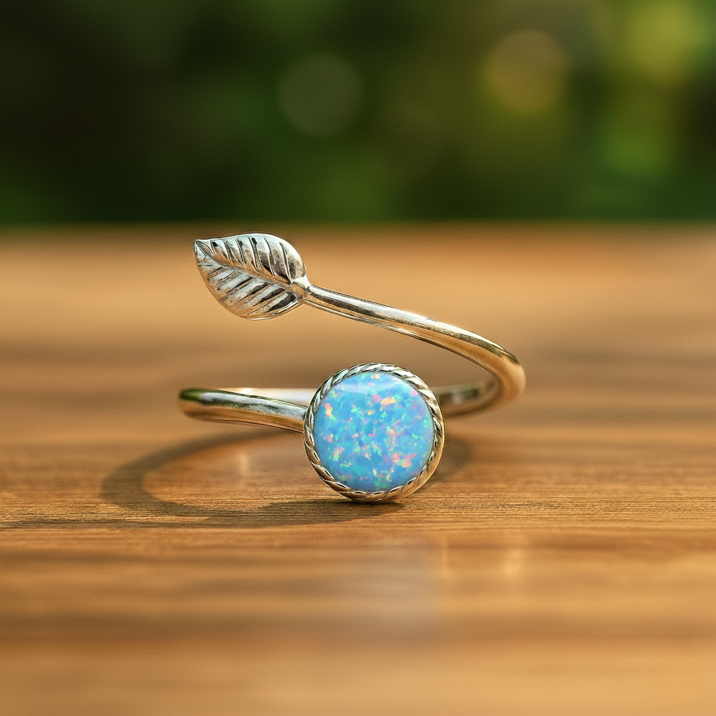 Sterling Silver Opal Leaf Ring – Adjustable Elegance