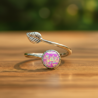 Sterling Silver Opal Leaf Ring – Adjustable Elegance