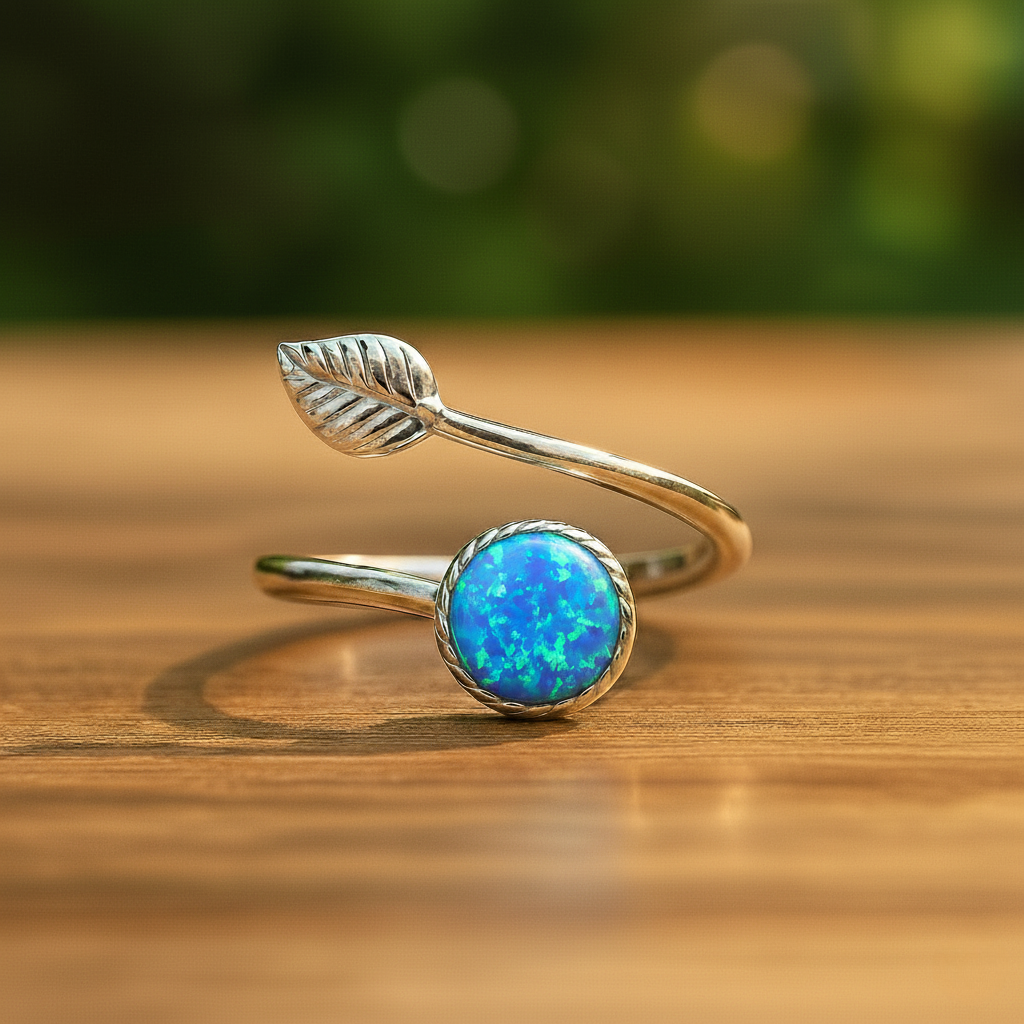 Sterling Silver Opal Leaf Ring – Adjustable Elegance