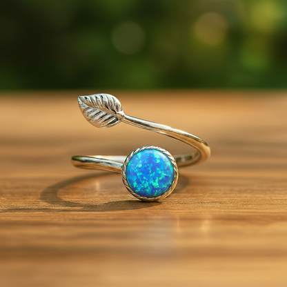 Sterling Silver Opal Leaf Ring – Adjustable Elegance