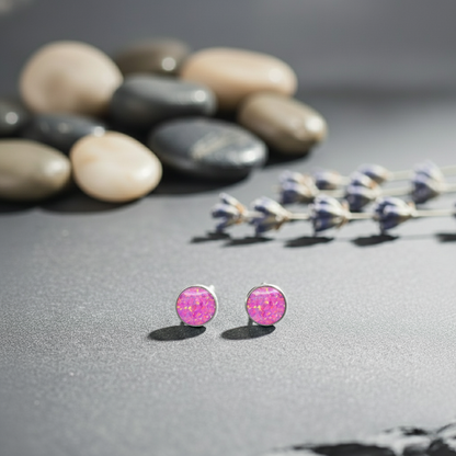 Pink stud earrings on a gray surface with stones and lavender in the background