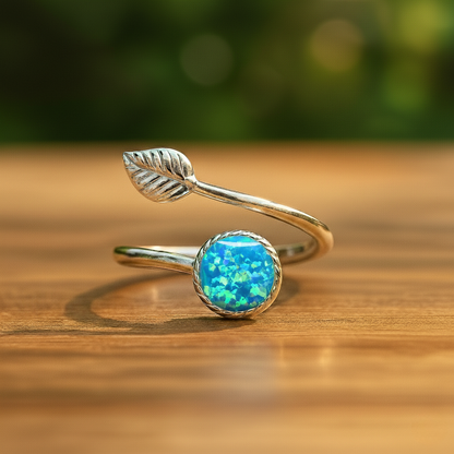 Sterling Silver Opal Leaf Ring – Adjustable Elegance