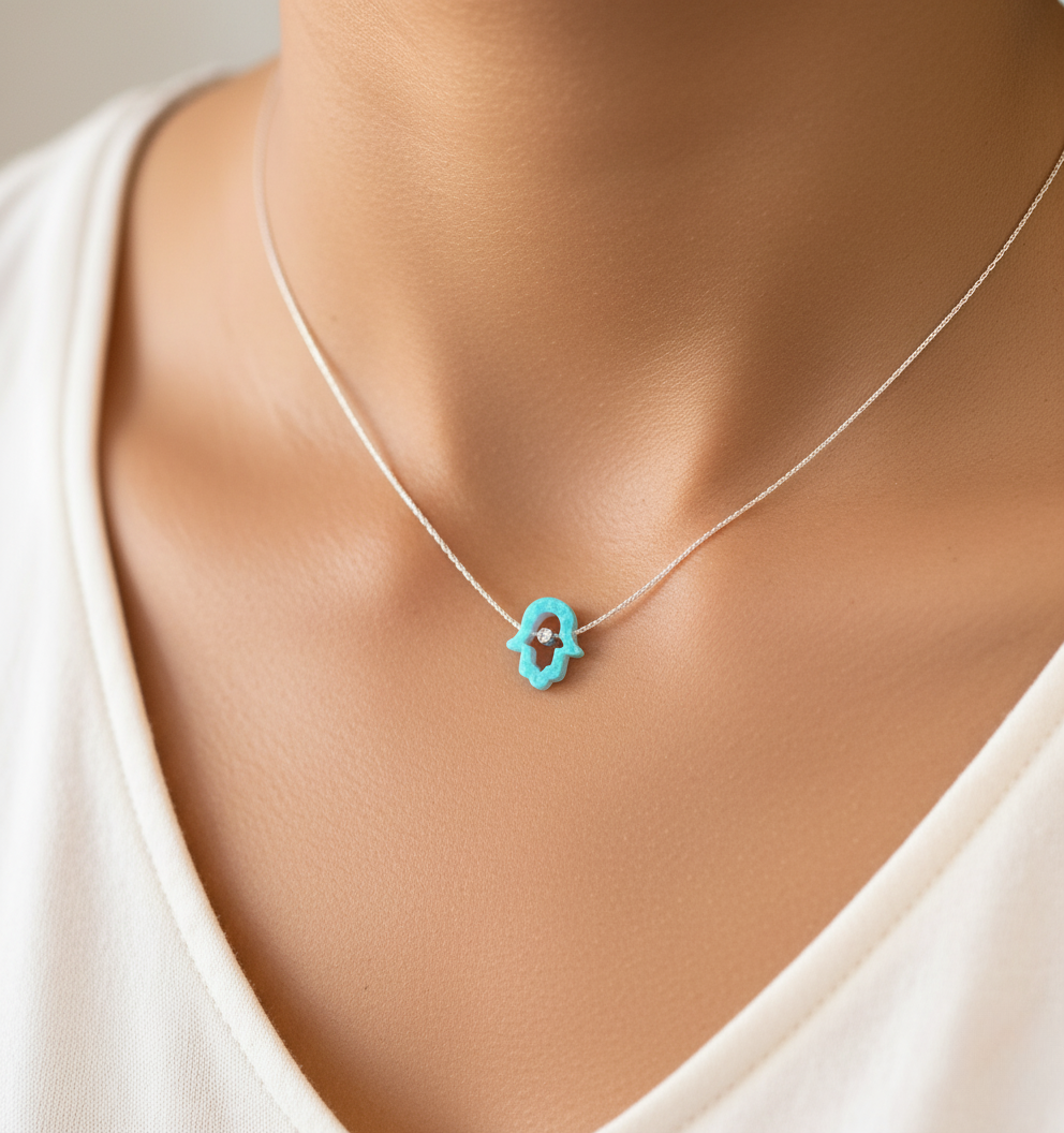 Cutout Hamsa Necklace – Opal Hand of Protection