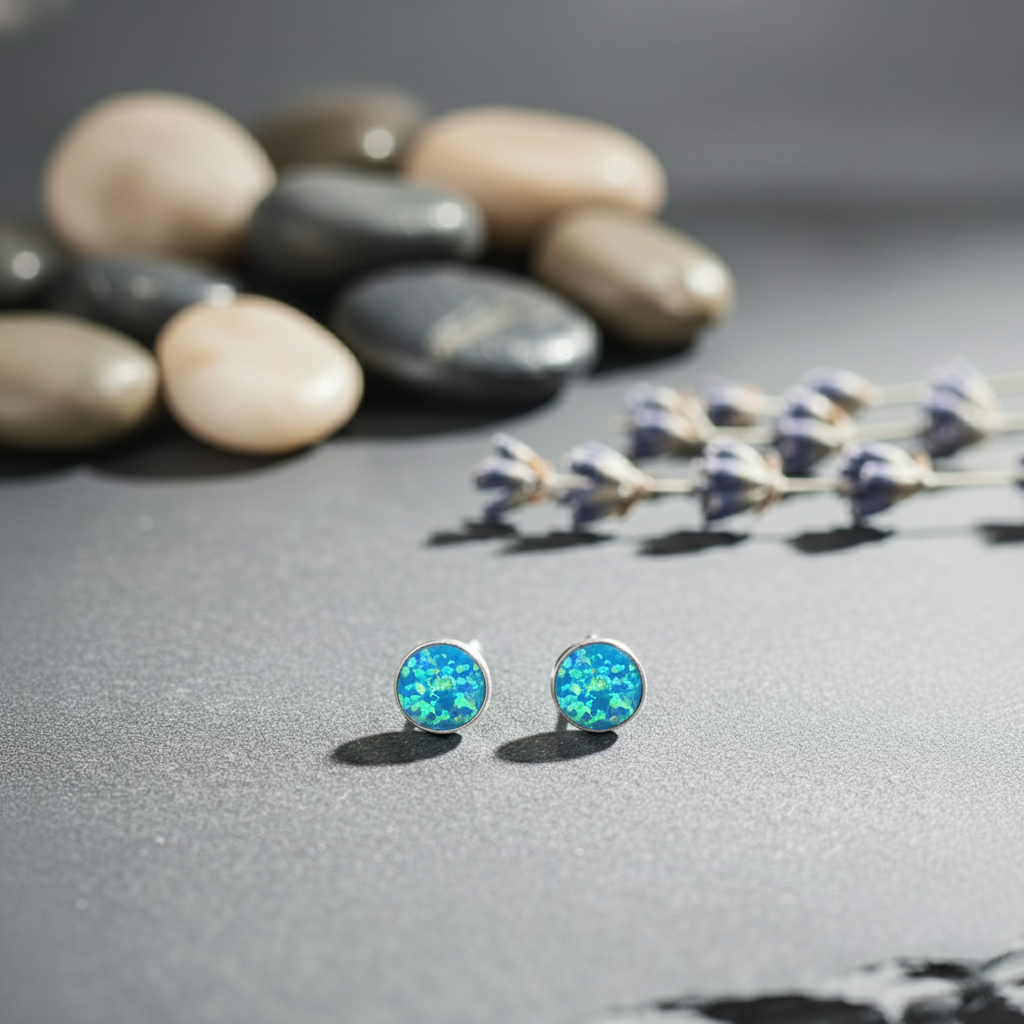 Blue opal stud earrings on a gray surface with pebbles and lavender in the background