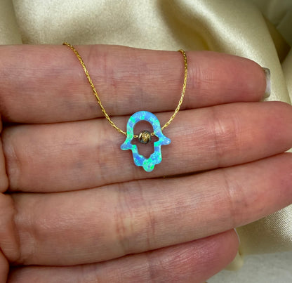 Cutout Hamsa Necklace – Opal Hand of Protection