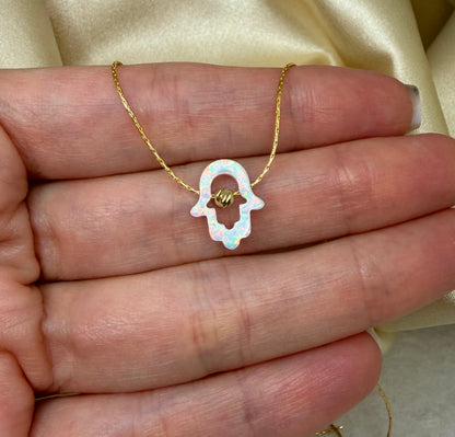 Cutout Hamsa Necklace – Opal Hand of Protection