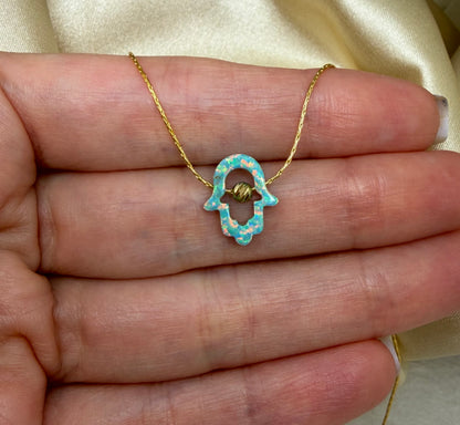 Cutout Hamsa Necklace – Opal Hand of Protection