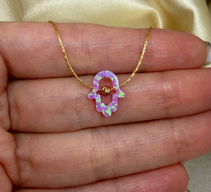 Cutout Hamsa Necklace – Opal Hand of Protection