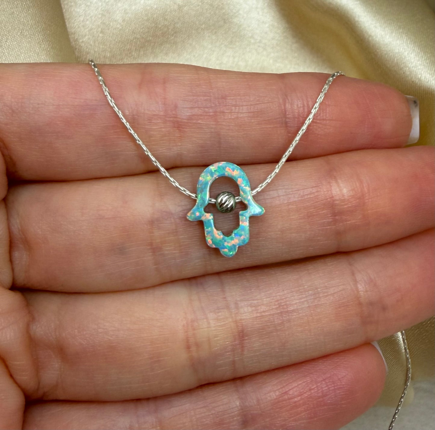 Cutout Hamsa Necklace – Opal Hand of Protection