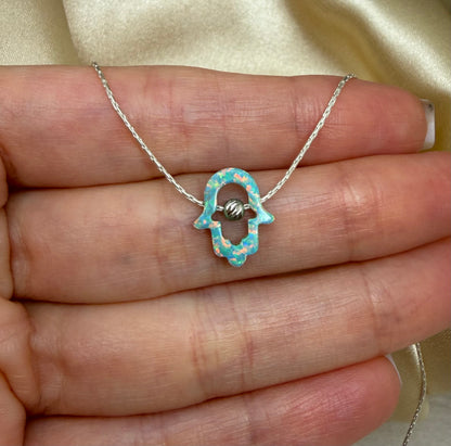Cutout Hamsa Necklace – Opal Hand of Protection