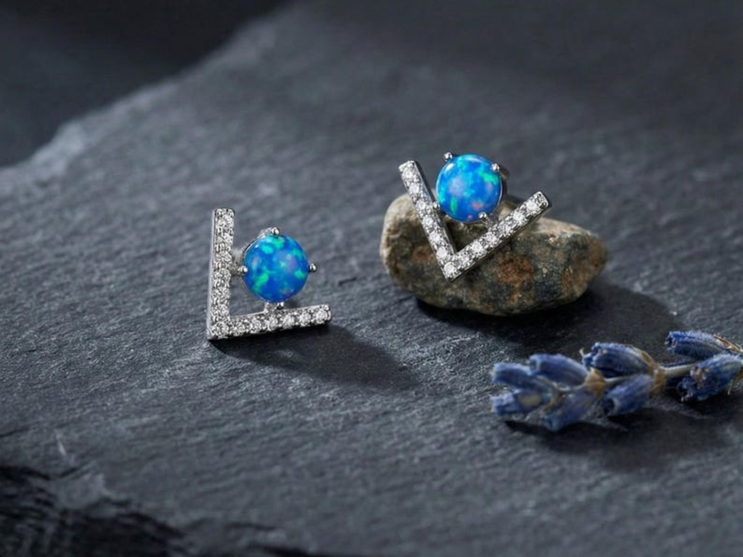 Blue Opal V Stud Earrings - 925 Sterling Silver
