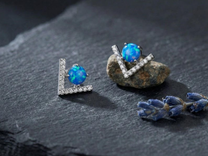 Blue Opal V Stud Earrings - 925 Sterling Silver