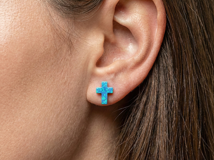 Opal Cross Stud Earrings – Sterling Silver