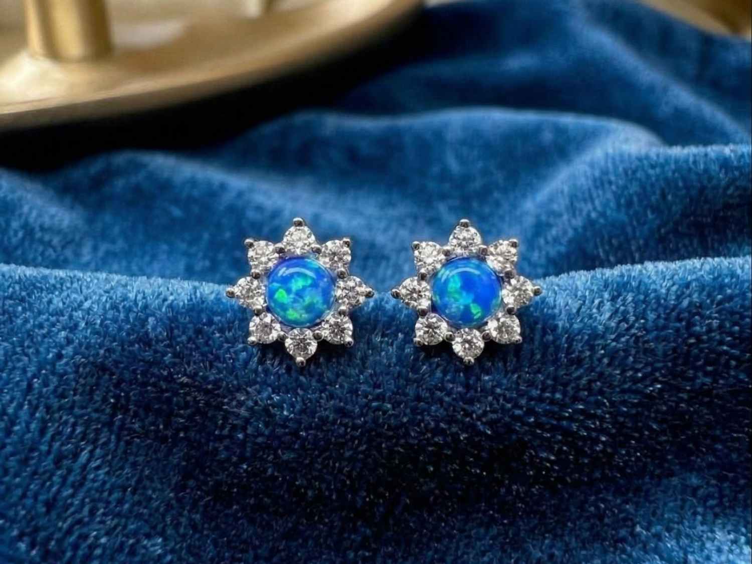 blue opal flower stud earrings sterling silver
