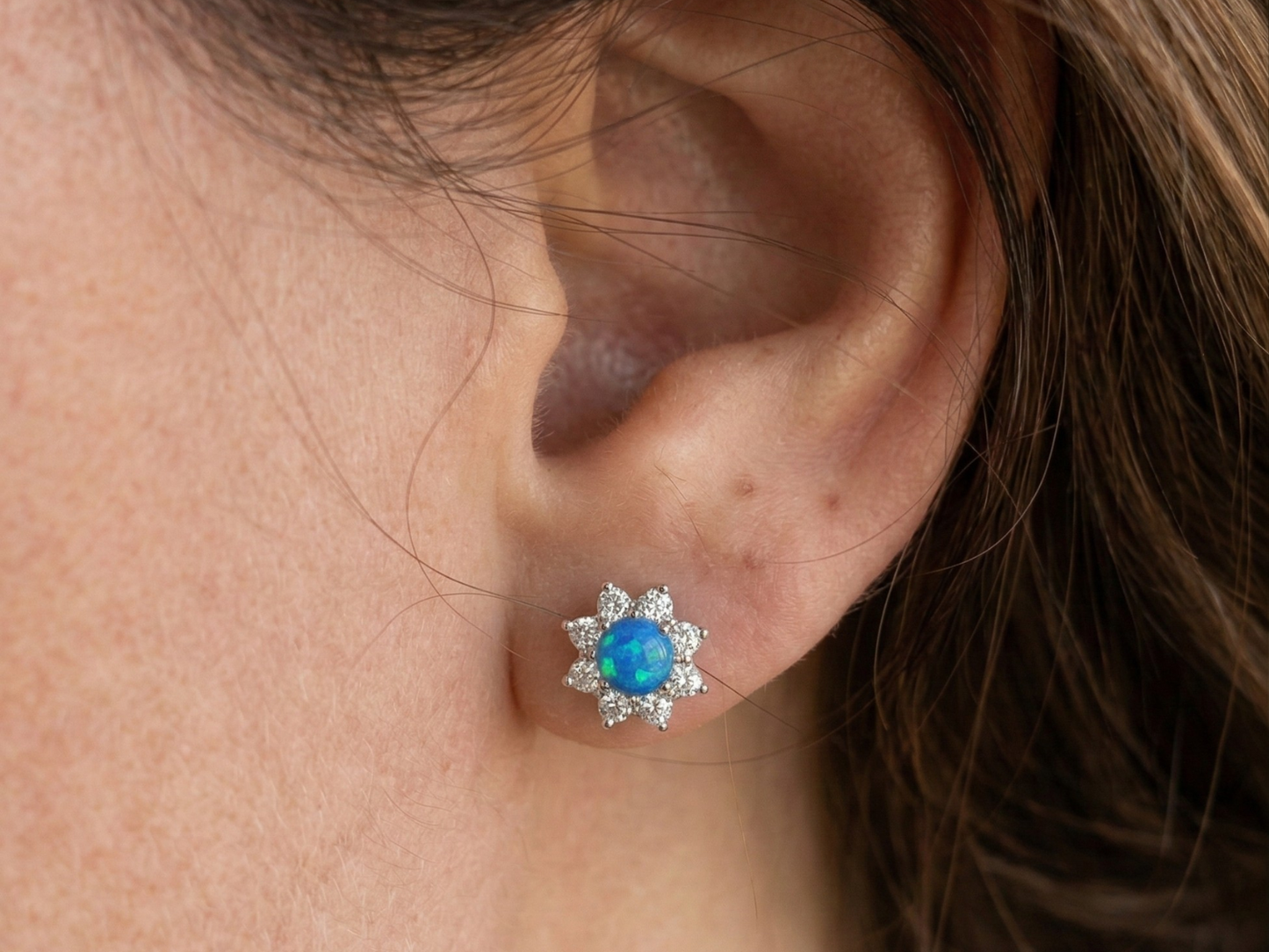 royal blue opal stud earrings flower design
