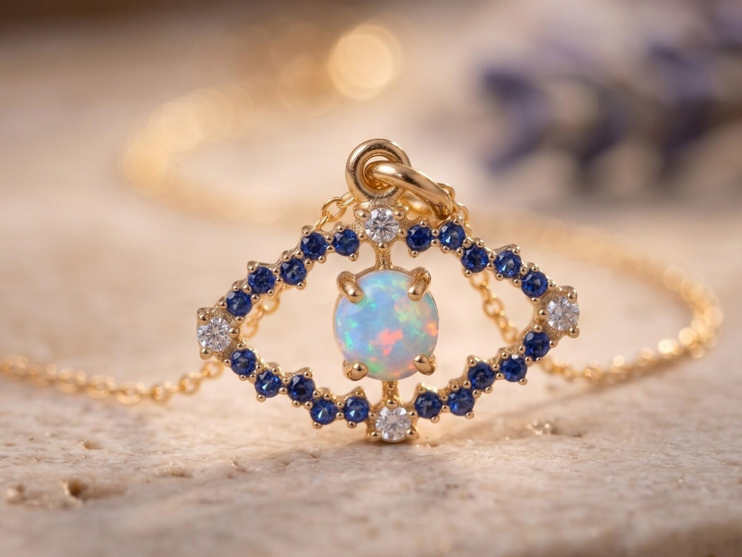 Opal Evil Eye Necklace Gold Filled CZ Pendant