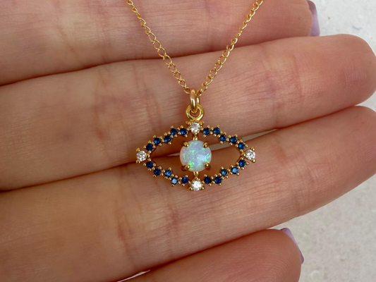 Opal Evil Eye Necklace Gold Filled CZ Pendant