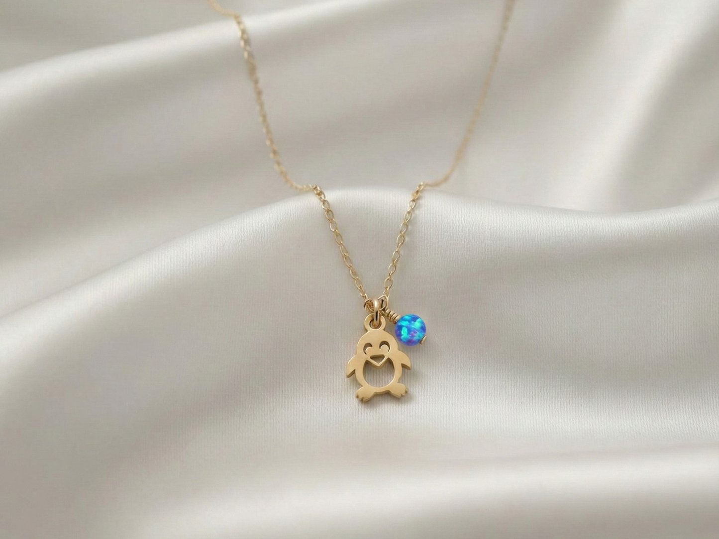 Penguin Necklace with Tiny Opal Charm
