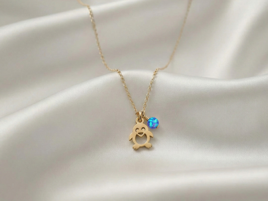Penguin Necklace with Tiny Opal Charm