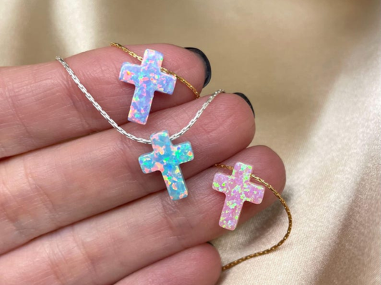Opal Cross Necklace – Dainty Gold or Silver Faith Jewelry